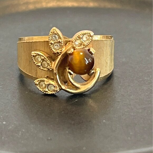 Tiger Eye18K Gold Plated Ring Ribbed Band Stone Crystal Accents Sz 6.75 Vintage - Picture 8 of 8